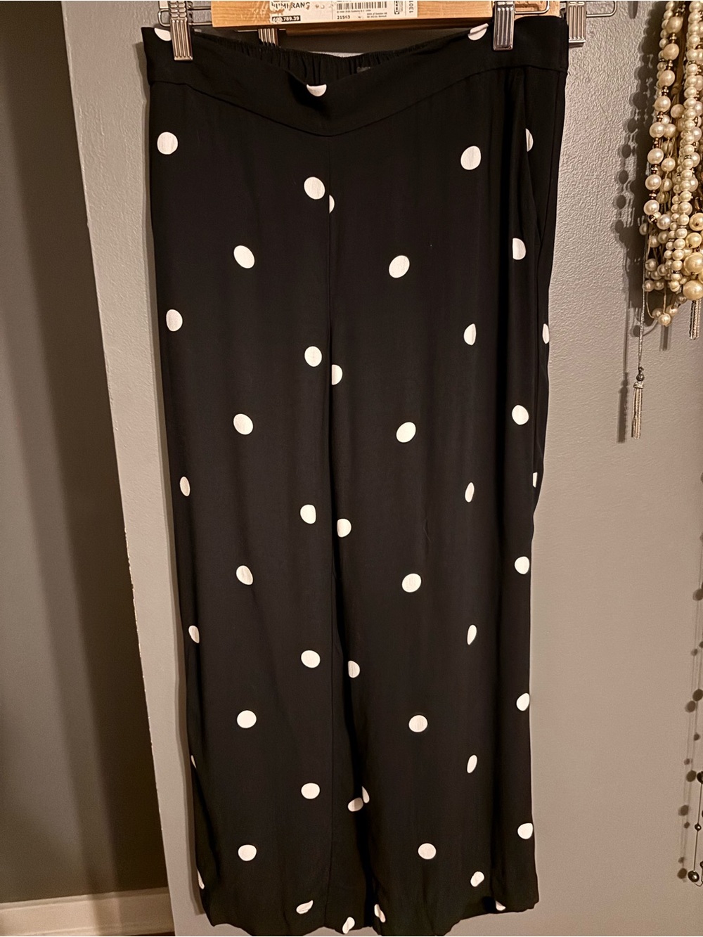 LOFT Black Wide-Leg Pants with White Polka Dots